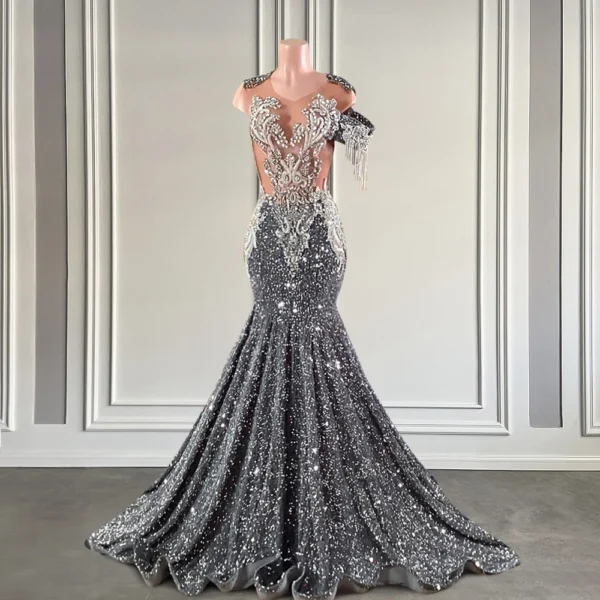 Luxury silver prom dresses with rhinestones and sequins for black girls