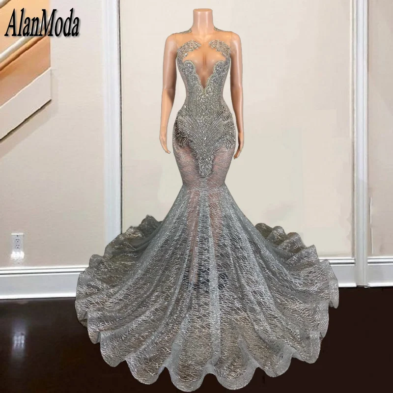 Customized Silver Prom Dress See-Through Rhinestone Sequin Party Gown