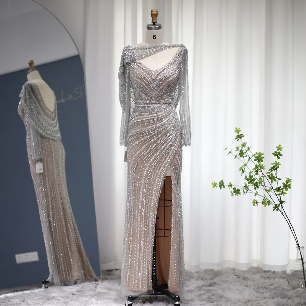 Sharon Said Luxury Silver Dubai Evening Dress with Cape Beaded Slit - Image 2