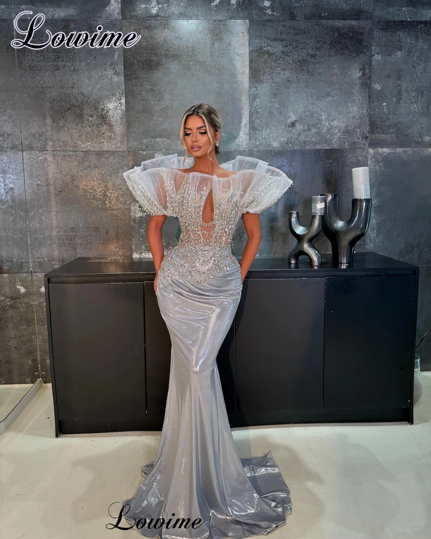 Elegant Silver Off Shoulder Mermaid Dress With Crystals For Red Carpet