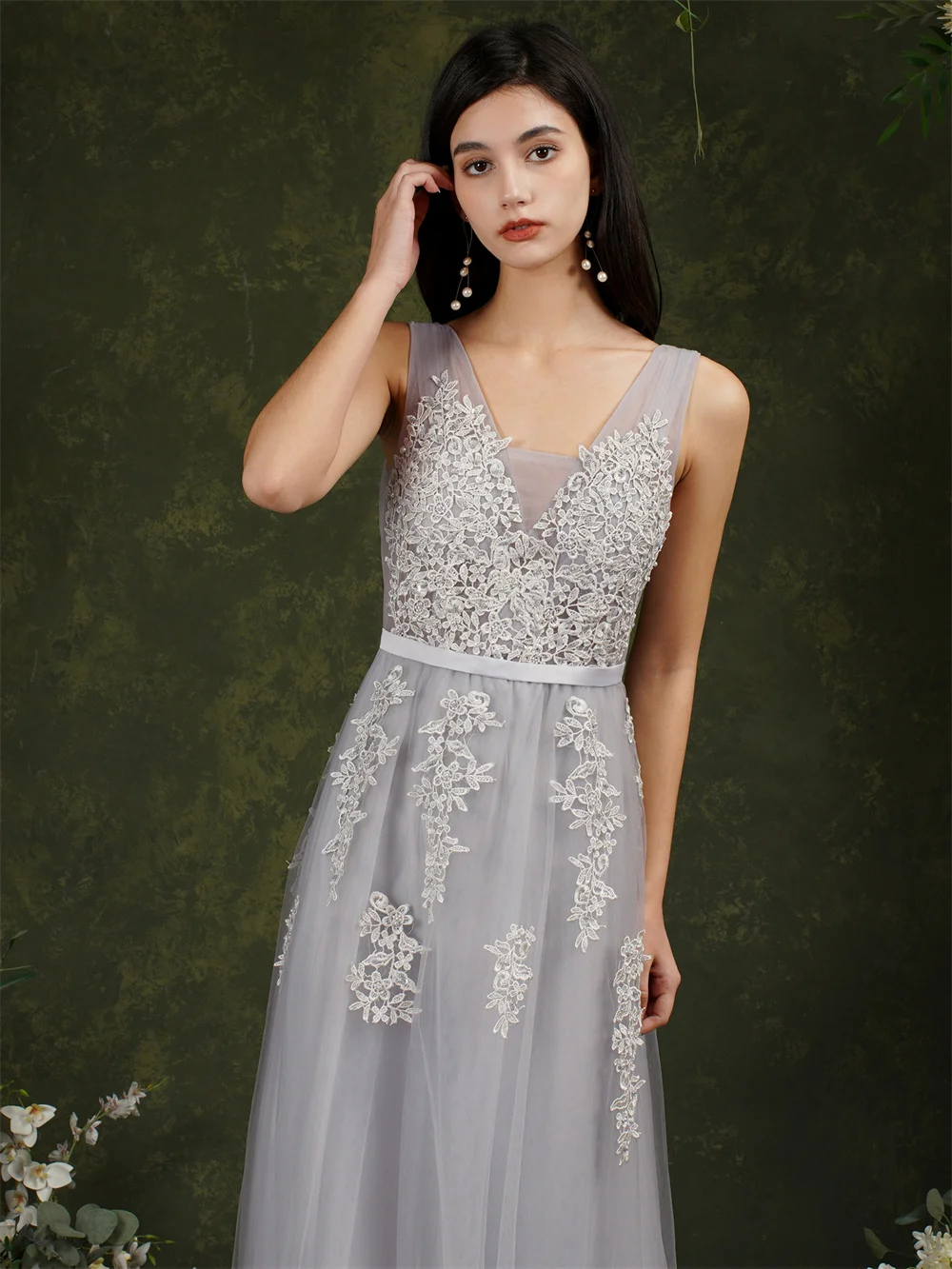 Elegant Silver Tulle Prom Dresses Appliques Beading Burgundy Gowns - Image 5