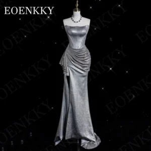 Silver Mermaid Prom Dress With Split Strapless Pleats Evening Gown