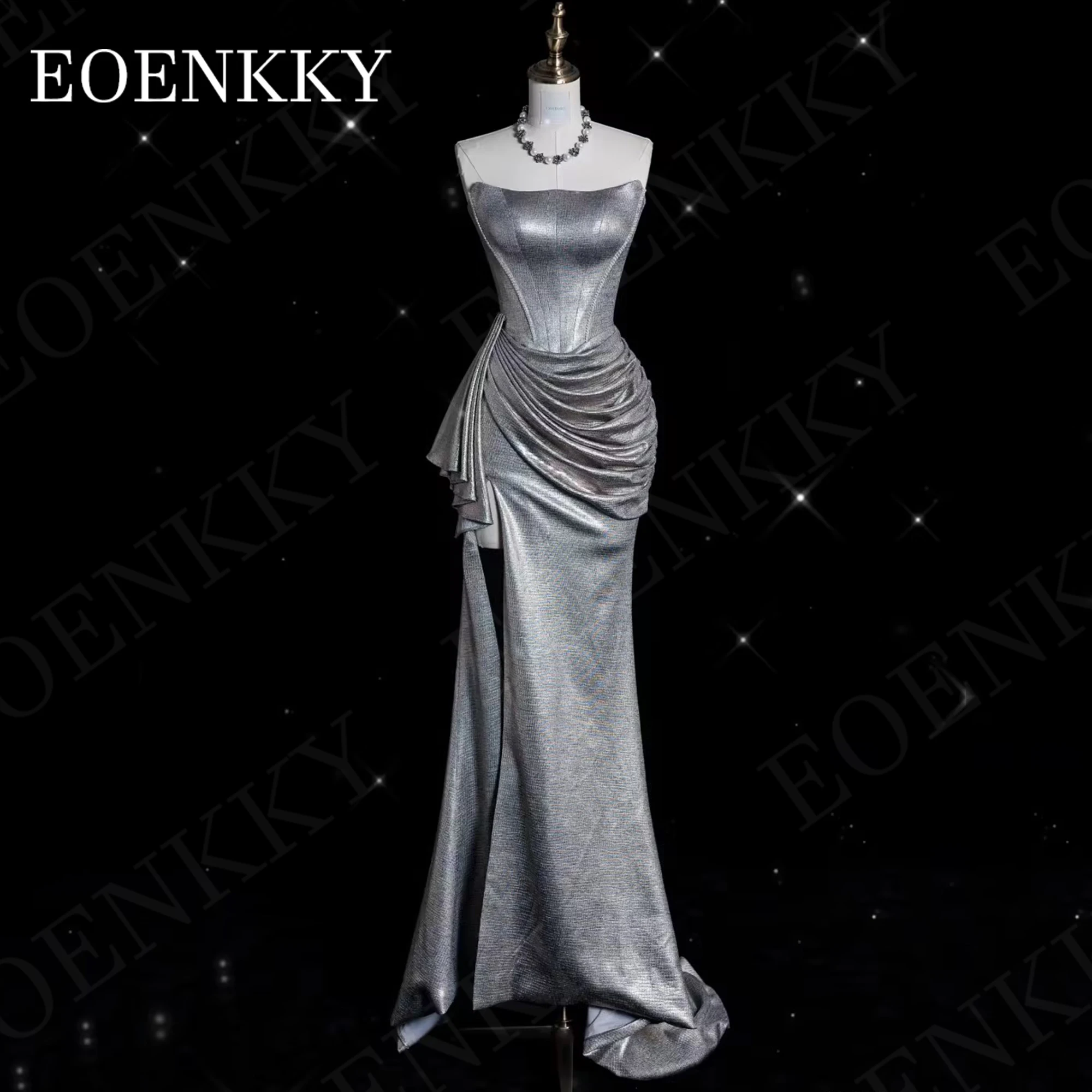 Silver Mermaid Prom Dress With Split Strapless Pleats Evening Gown