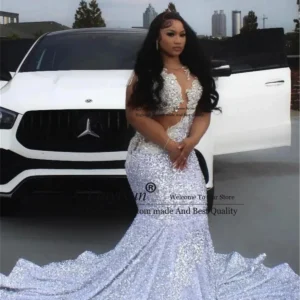 Silver Crystal Prom Dress Velvet Sheer Mesh Birthday Evening Gown