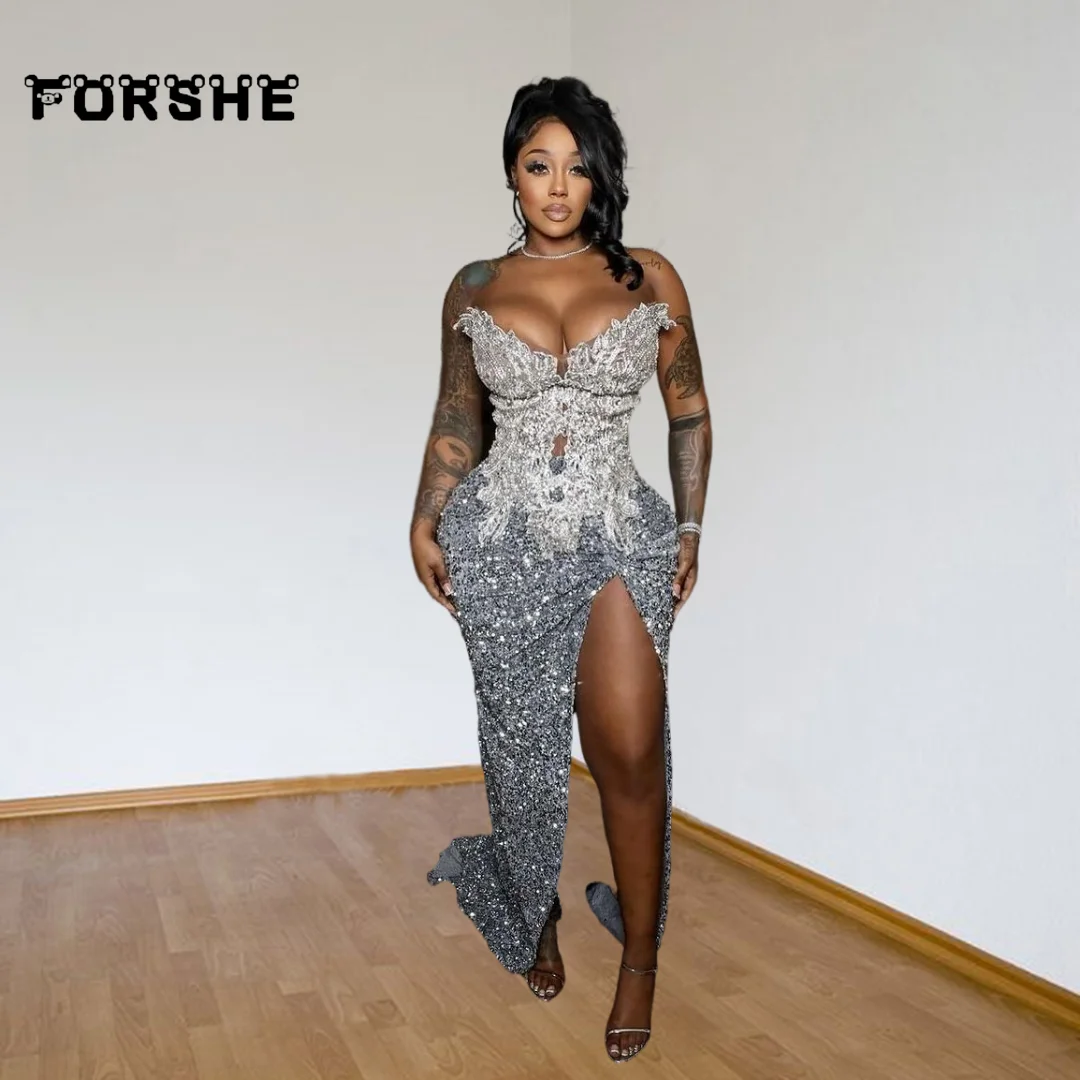 Silver Diamond Sequin Mermaid Prom Dress For Black Girls 2025 - Image 2