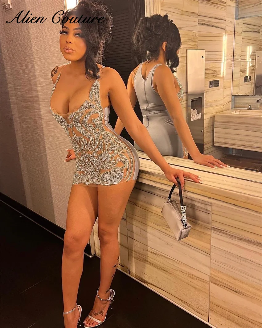 Sexy Silver Crystal Beaded Short Prom Dress For Black Girls 2025
