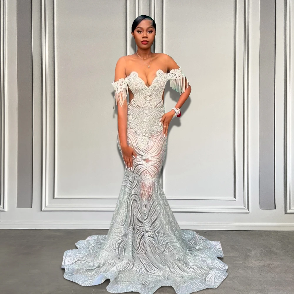 Luxury Glitter Crystal Silver Off-shoulder Mermaid Prom Dress Customized