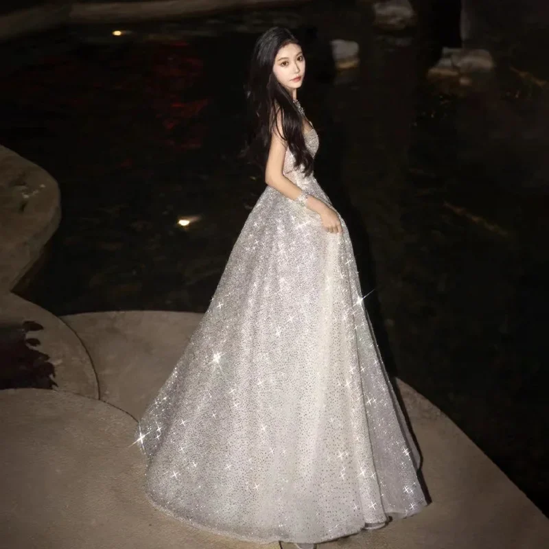 Bomaris Silver Sequin Spaghetti Strap Formal Evening Prom Party Dress - Image 2