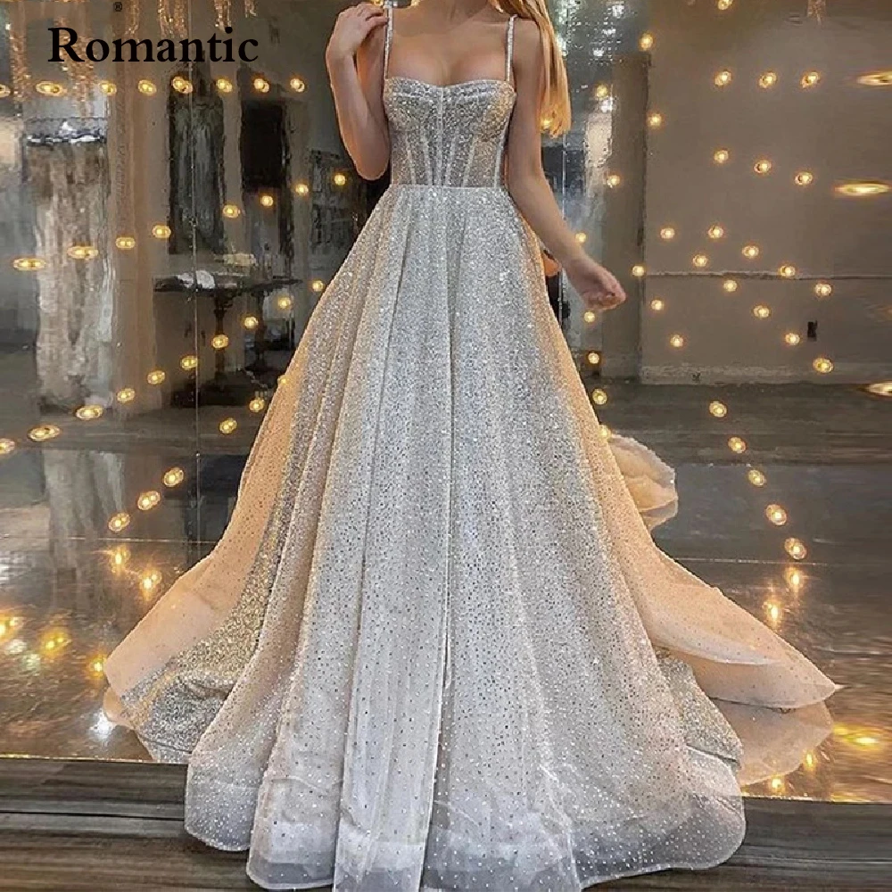 Romantic A-Line Silver Sequin Sweetheart Spaghetti Strap Prom Dress