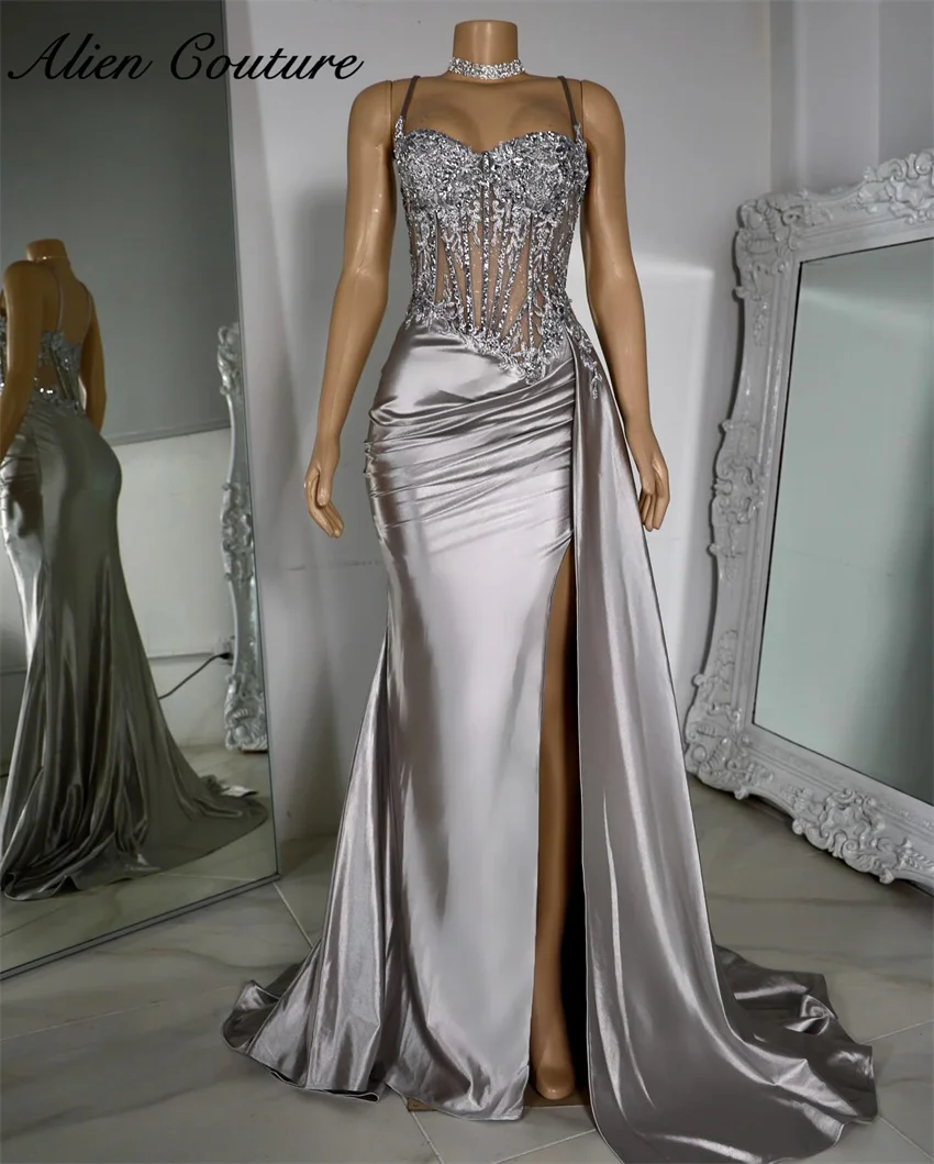 Elegant Silver Party Dresses 2025 Sequins Beads Crystals Evening Gown