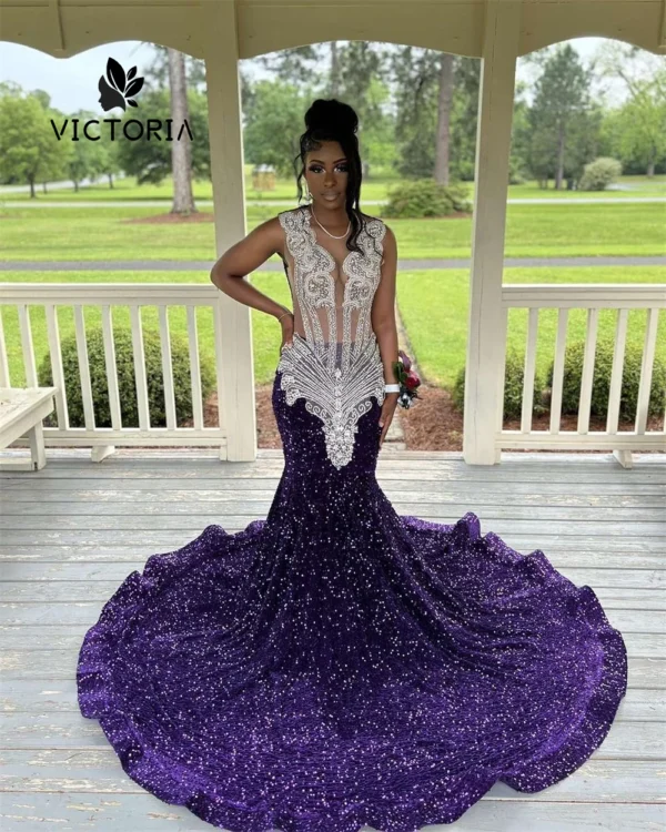 Silver Prom Dresses: Purple Velvet Sequin Rhinestone Evening Gown