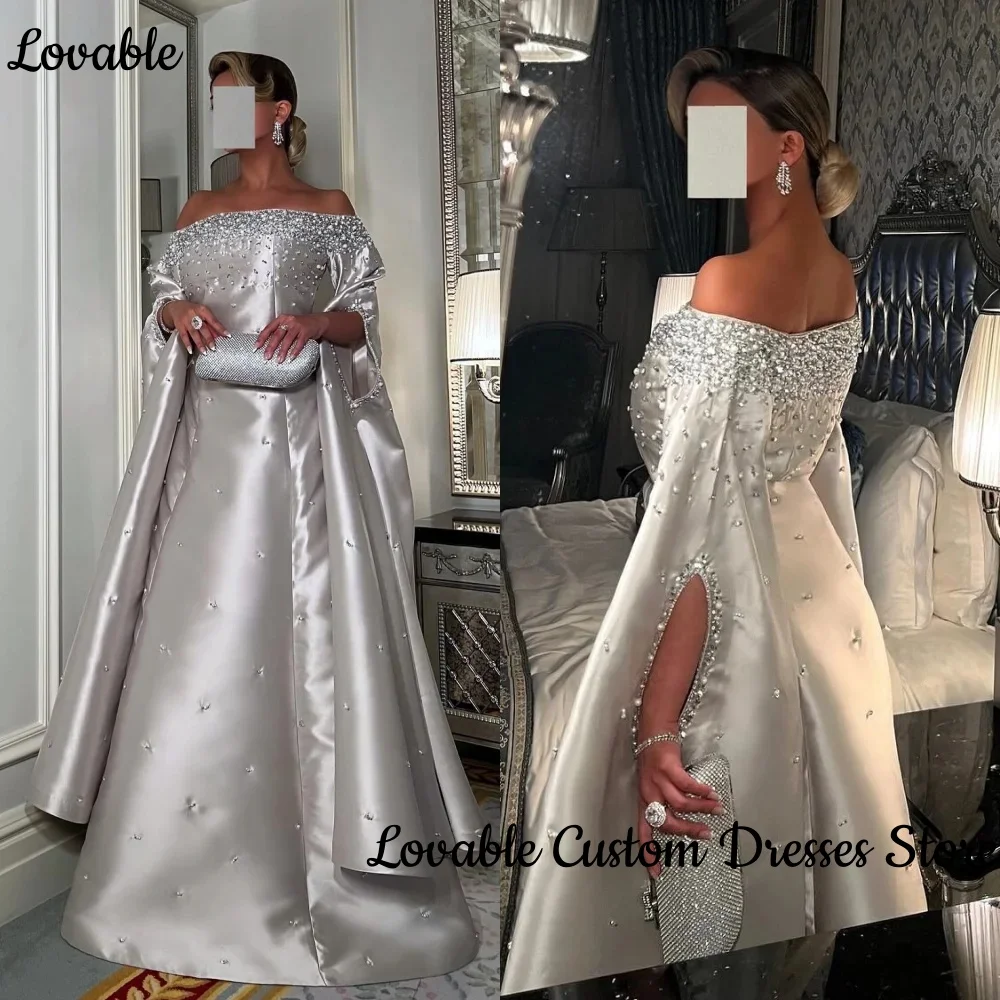 Customized Dubai Silver Satin Off-The-Shoulder Beaded Occasion Gown