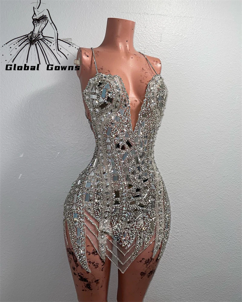 Luxury Sparkly Silver Halter Beaded Sequin Mini Prom Cocktail Dress
