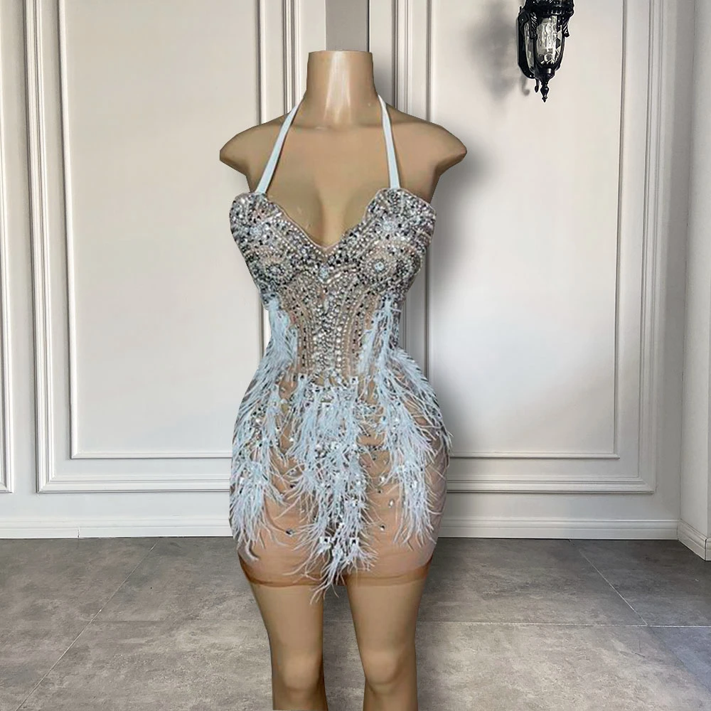 Sweetheart Silver Beaded Mini Prom Dress Feather Birthday Gown