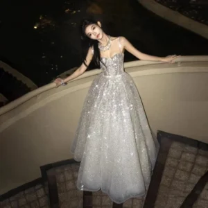 Bomaris Silver Sequin Spaghetti Strap Formal Evening Prom Party Dress