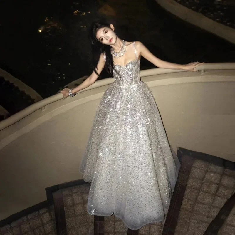 Bomaris Silver Sequin Spaghetti Strap Formal Evening Prom Party Dress