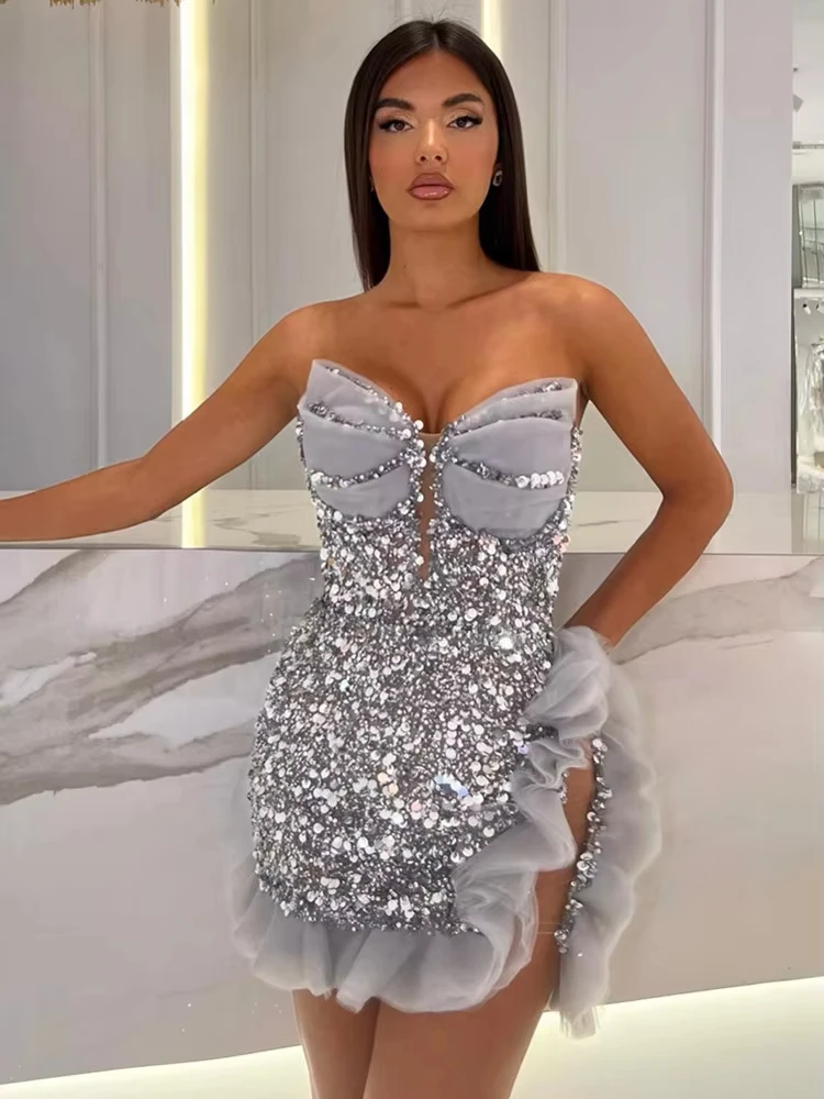 Luxury Silver Sequin Strapless Dress For Women’s Party Club Wear