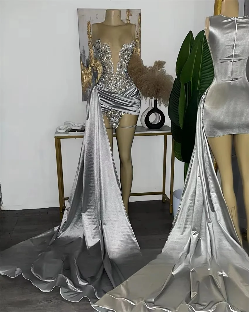 Charming Silver Velvet Prom Dress With Glitter And Rhinestone Beading