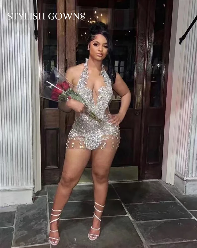 Silver Halter Beaded Crystal Mini Prom Dress For Homecoming Party