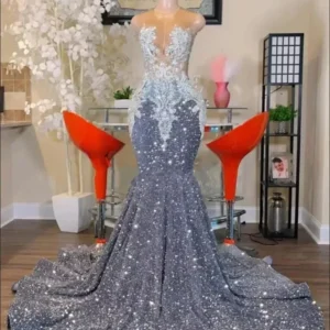 Glitter Silver Mermaid Prom Dress With Sheer Neck Luxury Beading