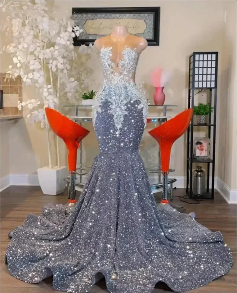 Glitter Silver Mermaid Prom Dress With Sheer Neck Luxury Beading