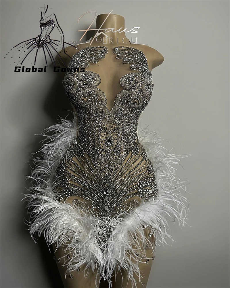 Luxury Silver Short Prom Dress For Black Girls With Feathers Birthday Cocktail