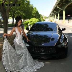 Customized Diamond Silver Mermaid Prom Dress Sparkly Crystal Velvet Gown