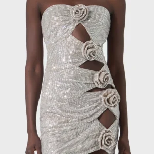 Women's Silver 3D Flower Diamond Evening Dress For Luxury Prom Party