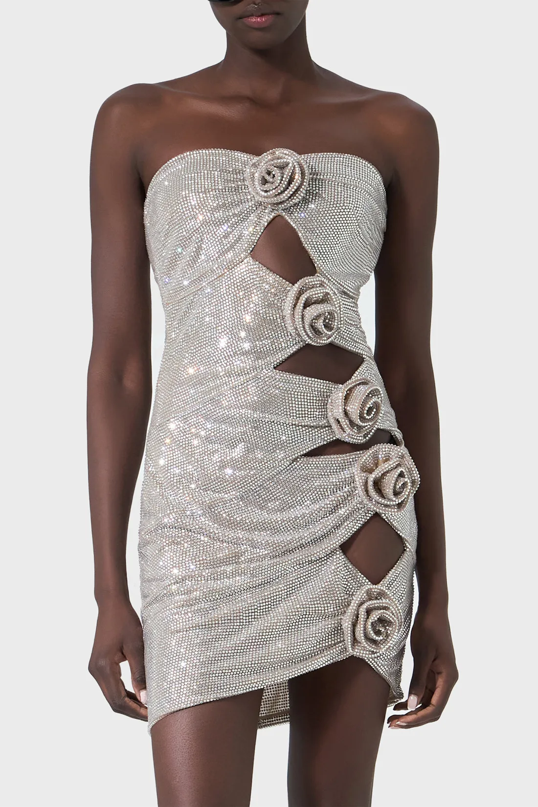 Women's Silver 3D Flower Diamond Evening Dress For Luxury Prom Party