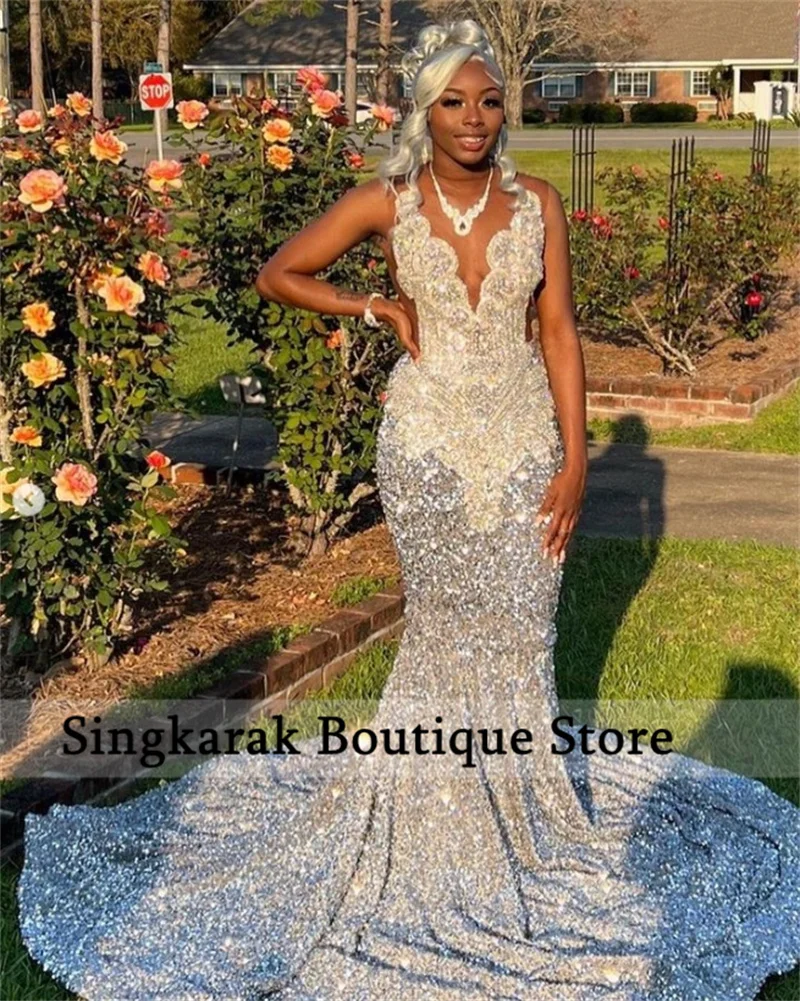 Shiny Silver Diamonds Prom Dress With Glitter Crystals Sequins - Image 2