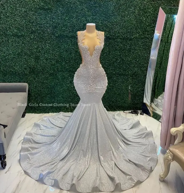 Silver Mermaid Prom Dress Sparkling Beaded Applique Luxury Birthday Dress