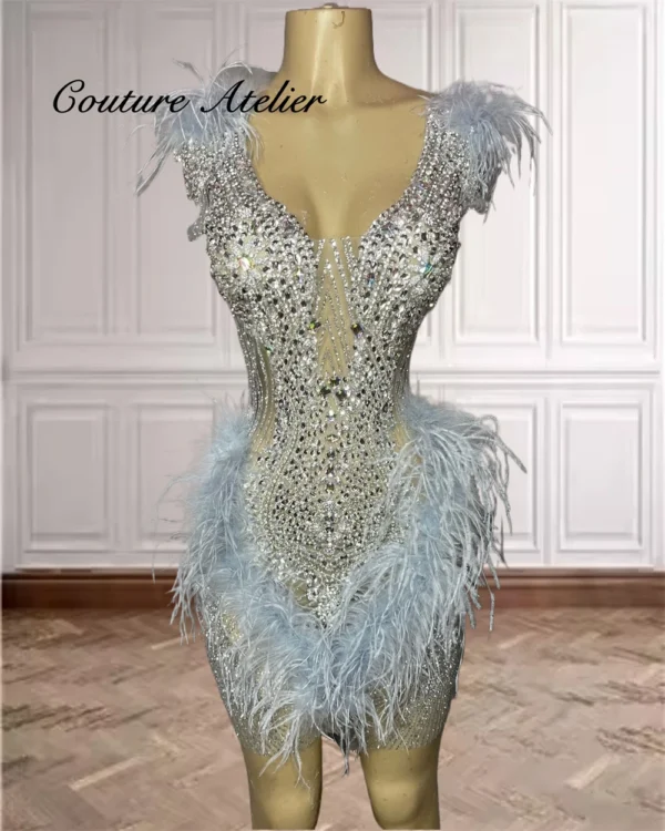 Silver Prom Dresses: Light Blue Feather, Rhinestones, Customized Formal Dress