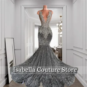 Glitter Silver Prom Dress With Sequins Beading For Evening Party Gown