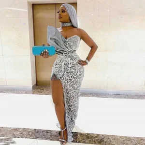 Silver High Split Bow Detail Prom Dress Elegant Sheath Evening Gown