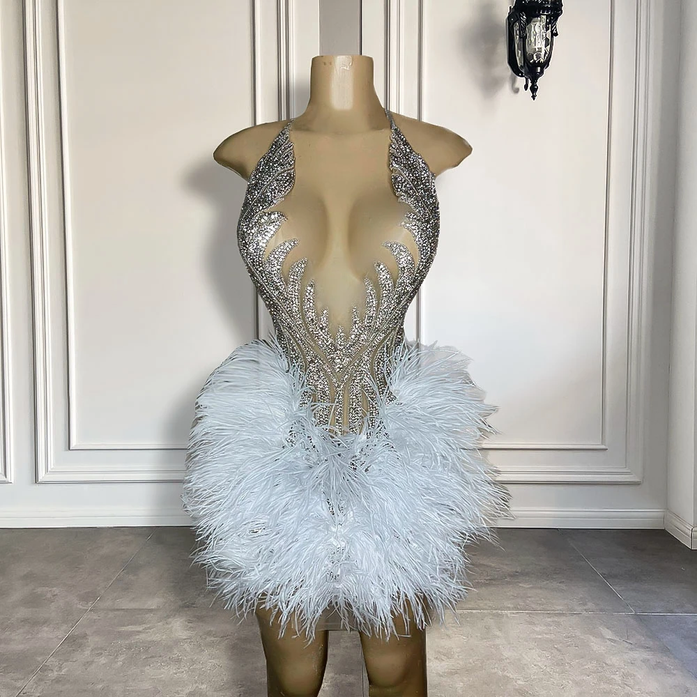 Luxury Silver Feather Short Prom Dress For Black Girls Graduation Party
