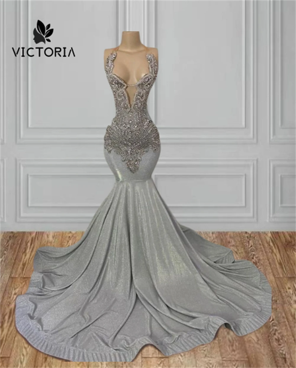 Silver Prom Dresses With Rhinestone, Mermaid African Wedding Gown