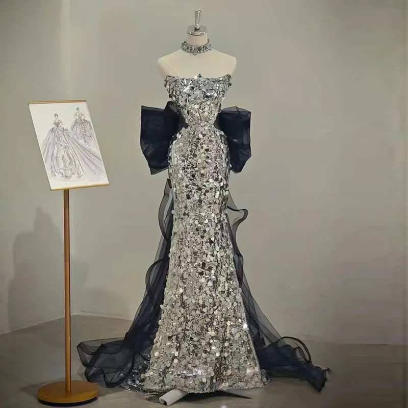 New Long Sequined Mermaid Grey Silver Bridesmaid Dance Prom Dress - Image 5