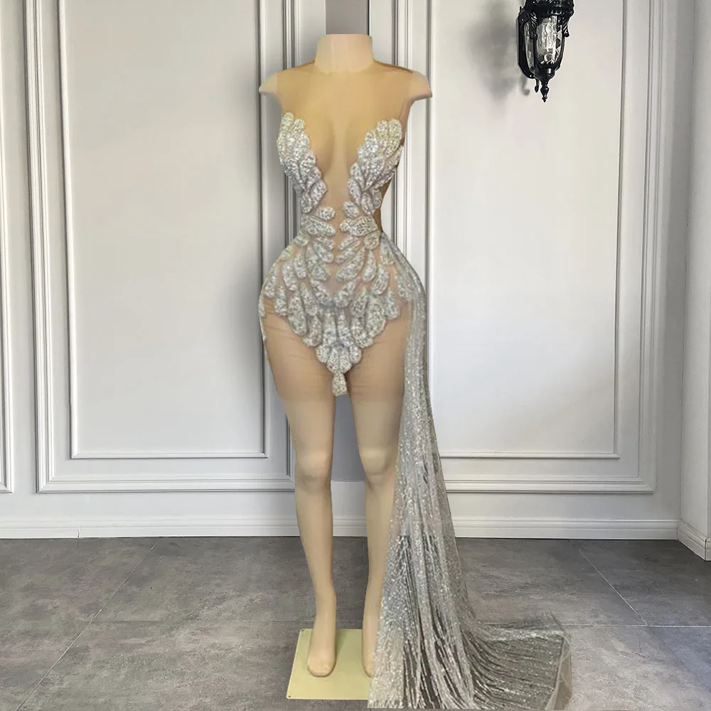 Sparkly Silver Beaded Short Prom Party Dress For Black Girls Birthday