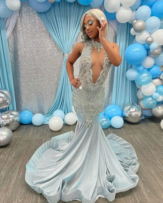 Silver Sheer Black Mermaid Prom Dress Sexy Diamond Evening Gown