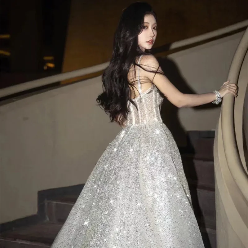 Bomaris Silver Sequin Spaghetti Strap Formal Evening Prom Party Dress - Image 3