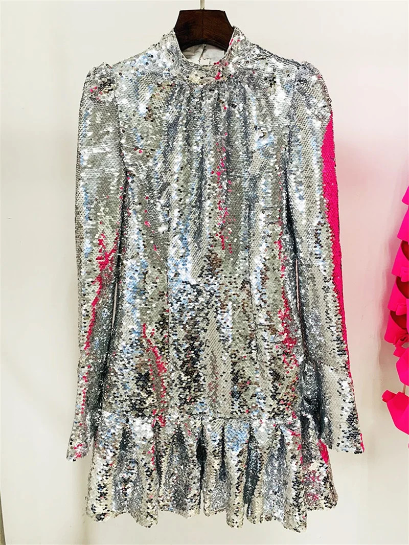 Elegant Silver Sequin Long Sleeve Party Dress For Women In Stock - Image 2