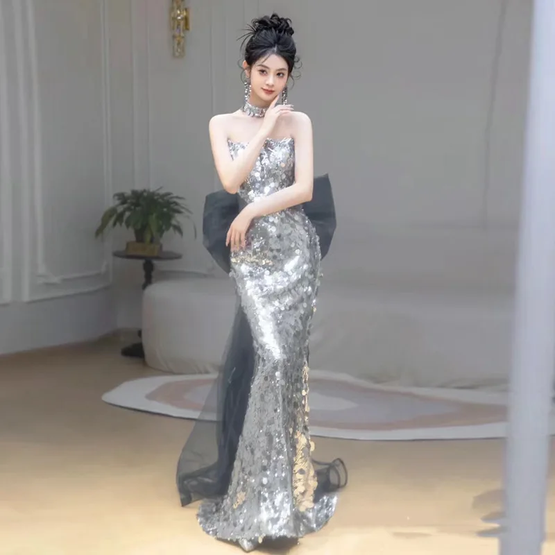 New Long Sequined Mermaid Grey Silver Bridesmaid Dance Prom Dress - Image 2