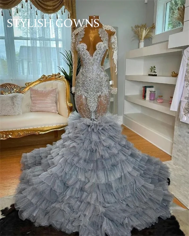 Silver Prom Dresses Beaded Crystal Ruffle Tiered Formal Birthday Gown