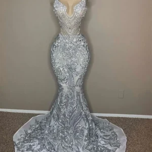 Silver Sheer Lace Diamond African Mermaid Prom Dress For Party