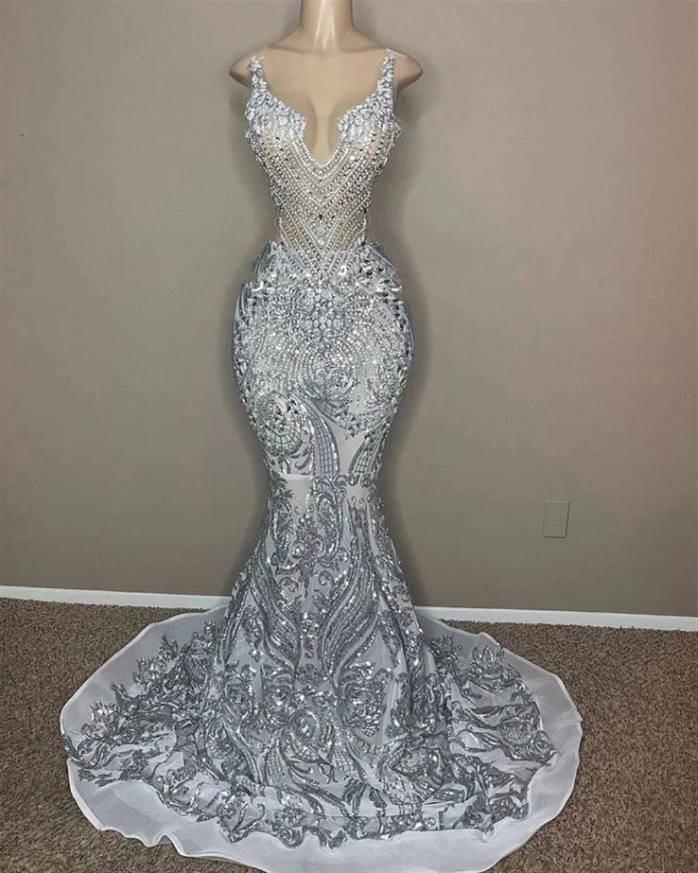 Silver Sheer Lace Diamond African Mermaid Prom Dress For Party