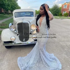 Silver Diamond Sparkly Mermaid Prom Dress For Black Girl 2025 Luxury