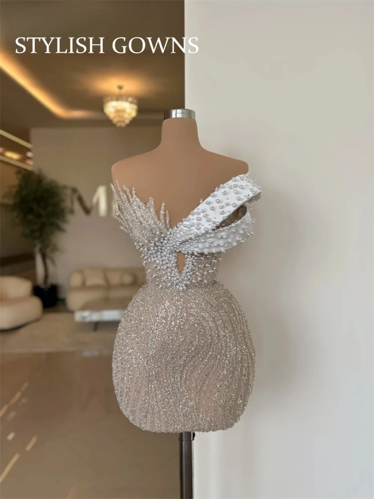 Silver Sequin Strapless Short Prom Dress Crystal Beaded Birthday Gown