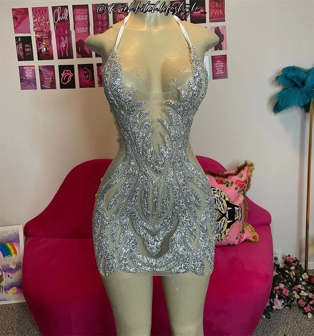 Sexy Silver Beaded Halter Mini Dress For Prom Cocktail Party Wear