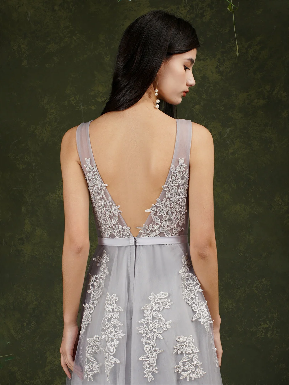 Elegant Silver Tulle Prom Dresses Appliques Beading Burgundy Gowns - Image 4