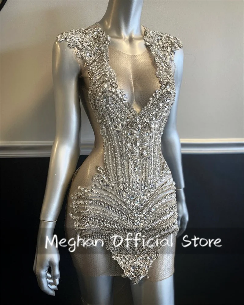 Silver prom dresses with bead crystal rhinestone for birthday party